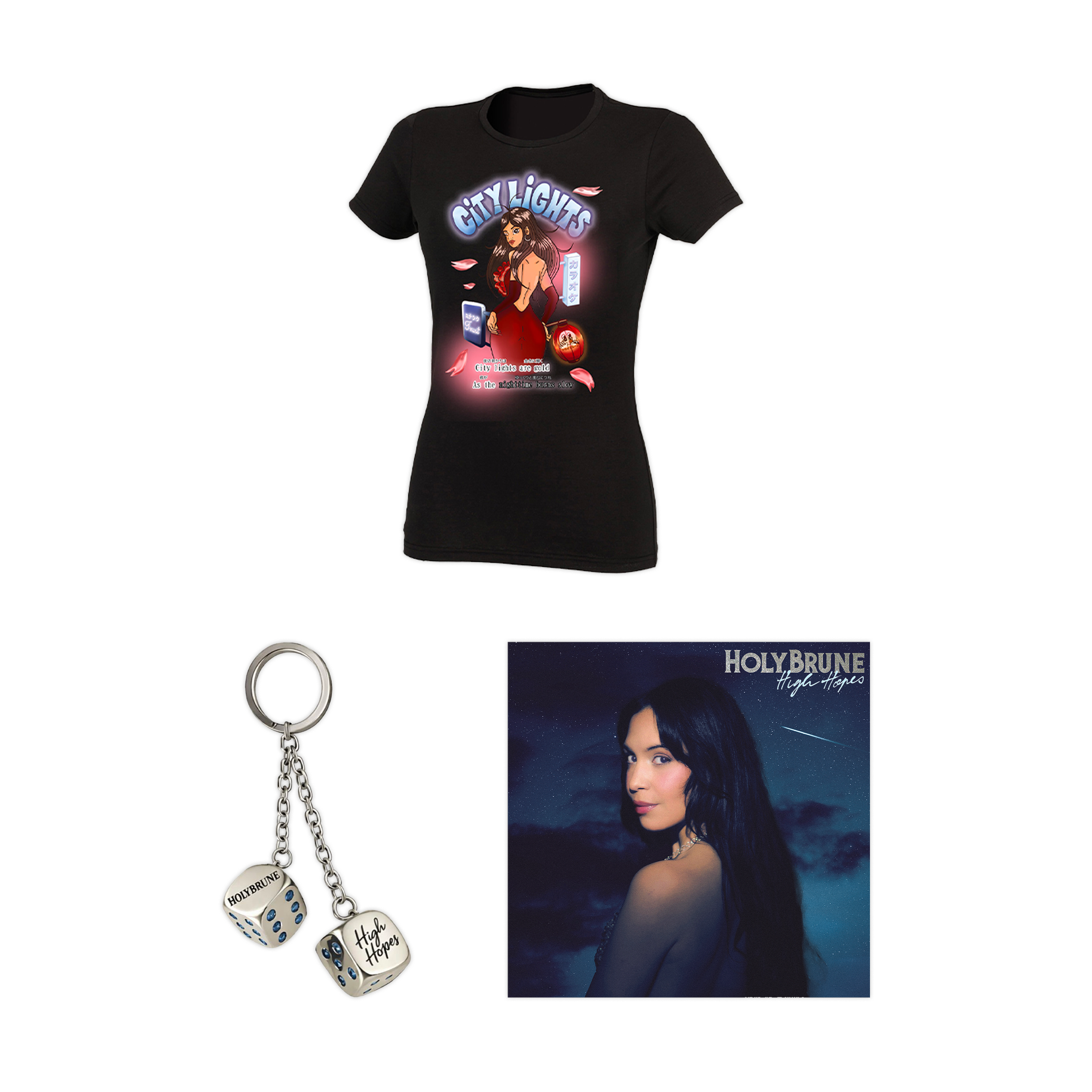 Signed vinyl + Limited edition collector's keychain + Women's t-shirt