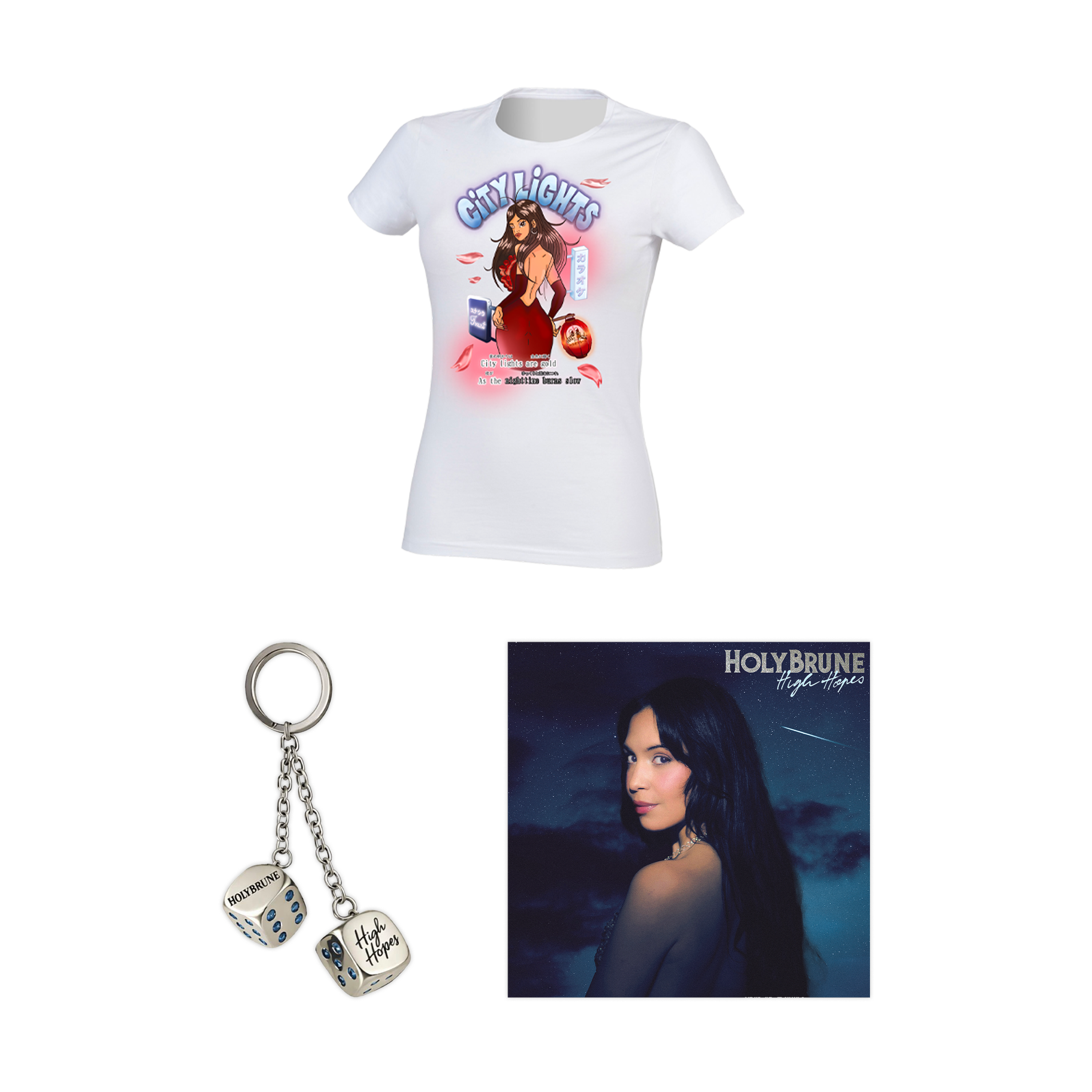 Signed vinyl + Limited edition collector's keychain + Women's t-shirt