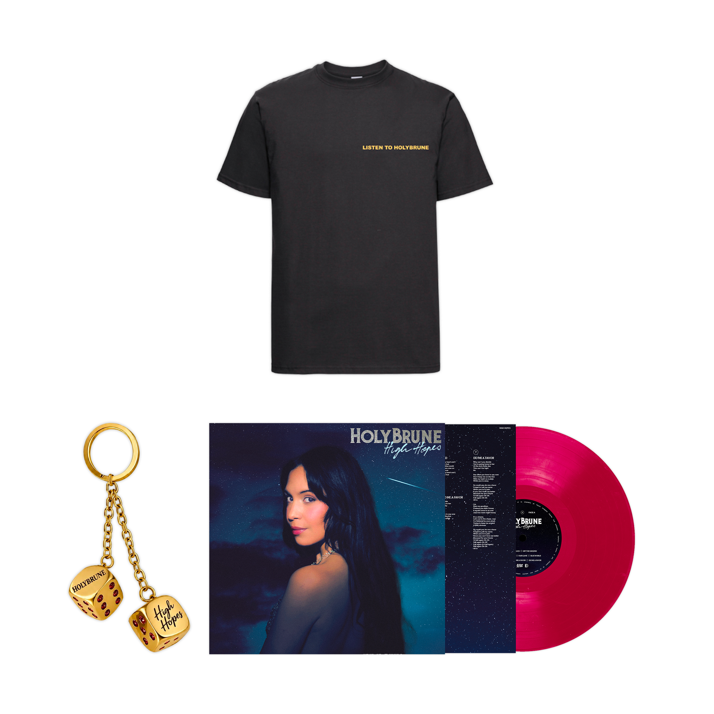 Vinyle dédicacé + Porte-clés or collector limité + T-shirt unisexe au choix