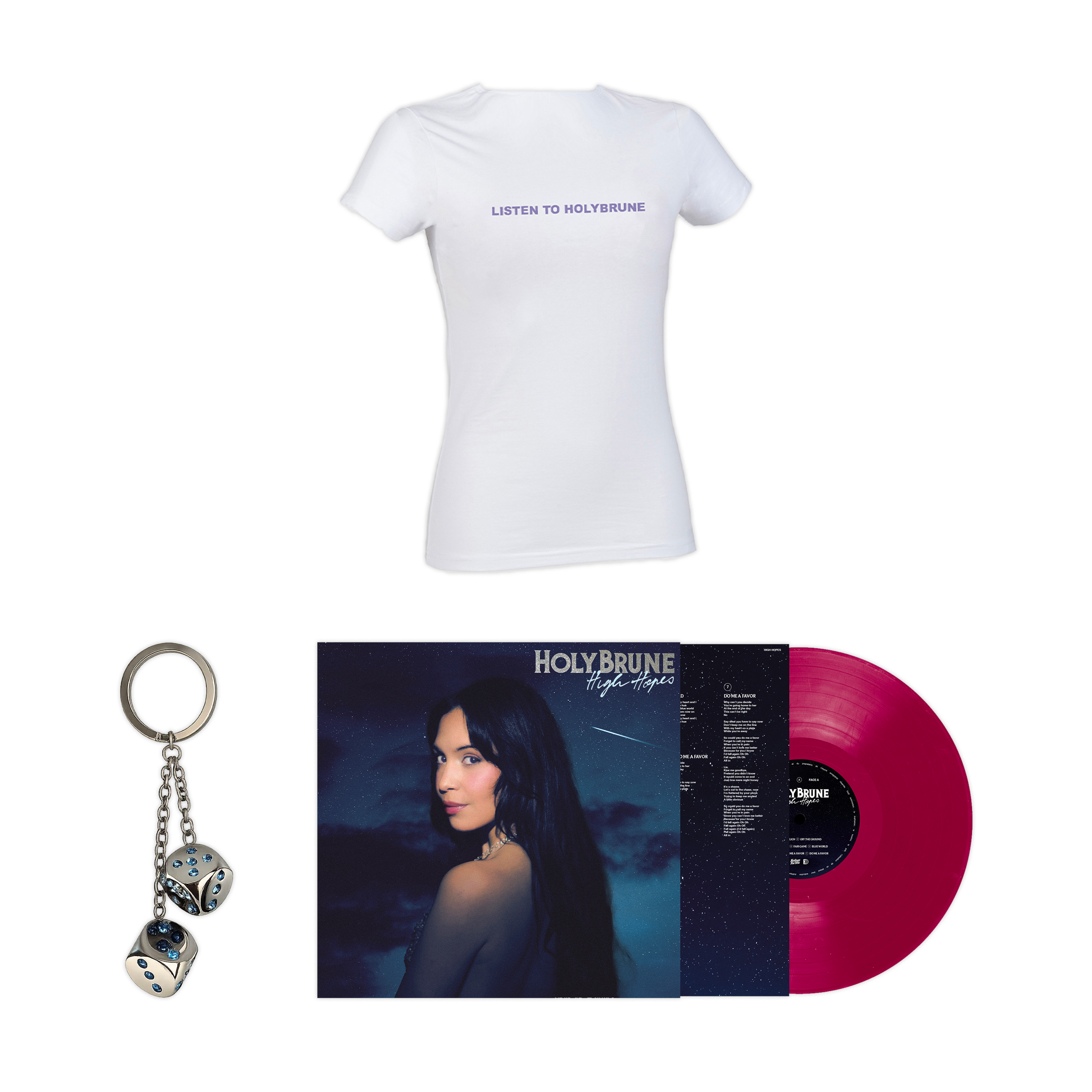 Signed vinyl + Limited edition collector's keychain + Women's t-shirt