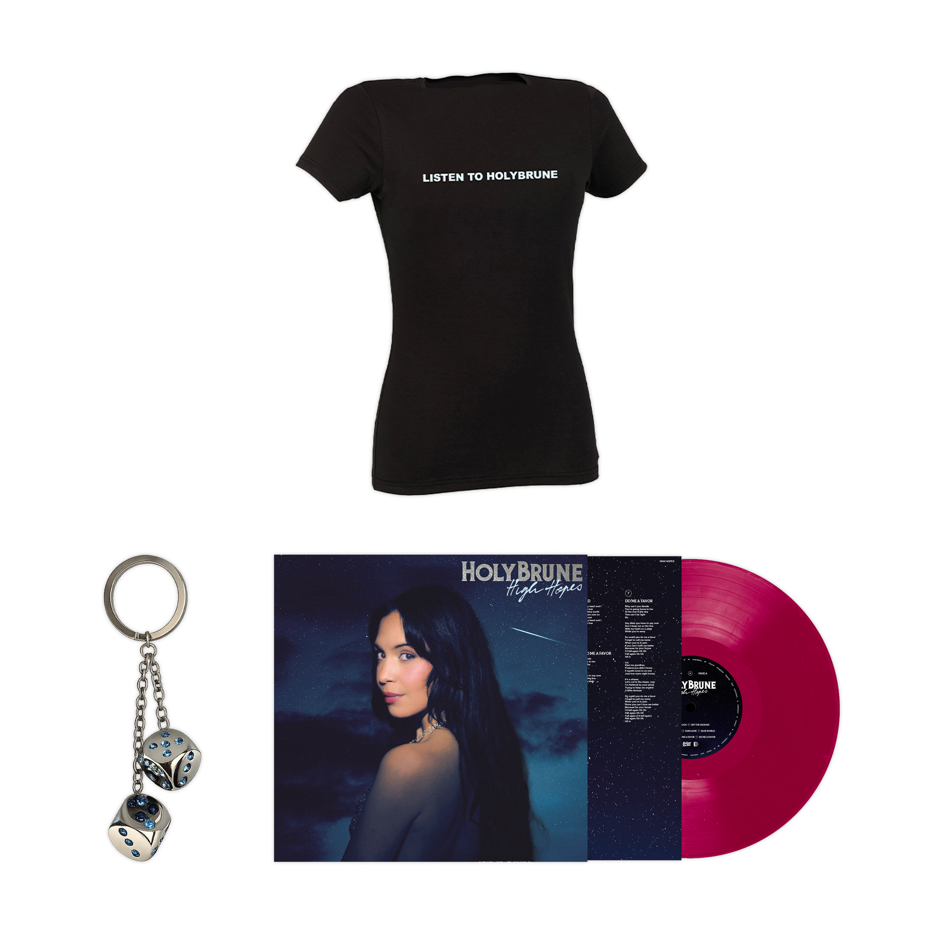 Signed vinyl + Limited edition collector's keychain + Women's t-shirt