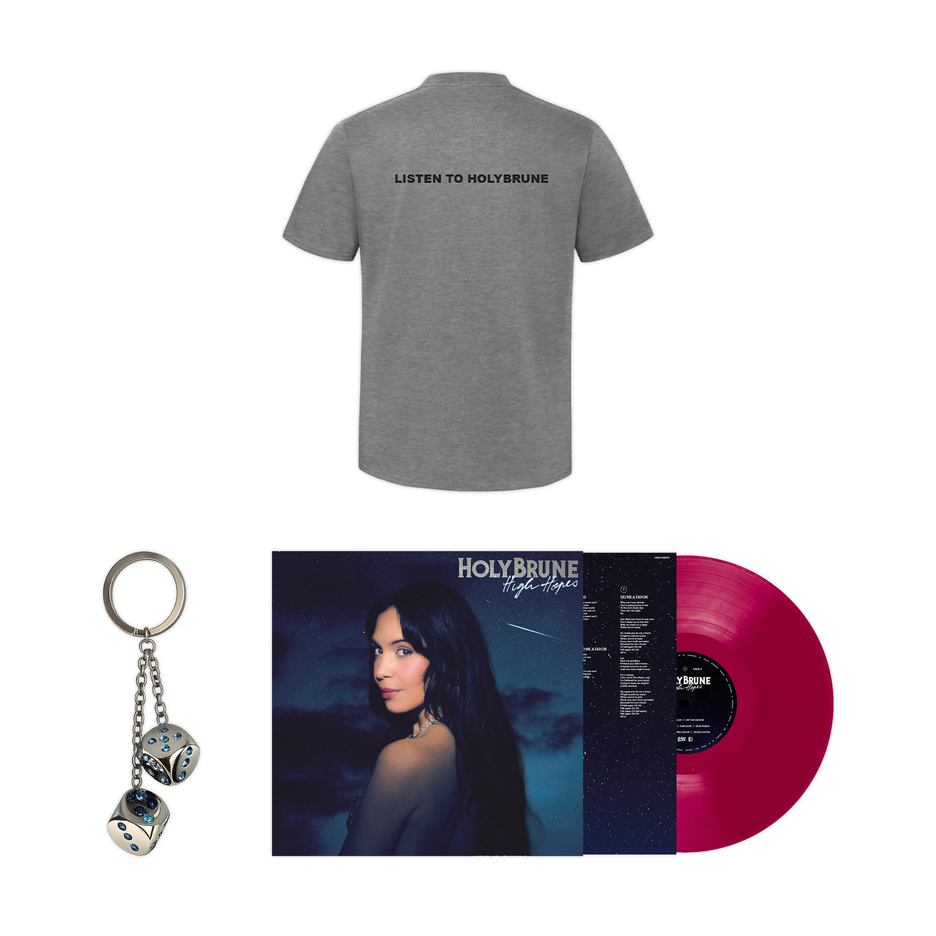 Signed vinyl + Limited edition collector's keychain + Unisex t-shirt