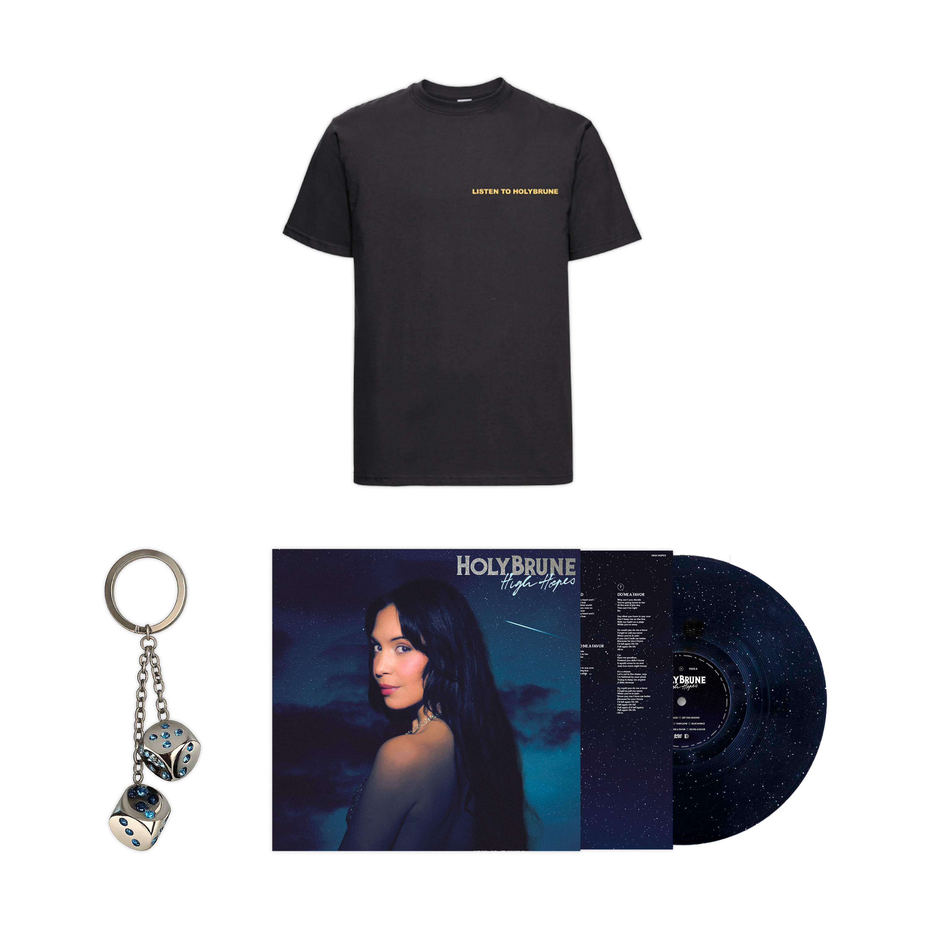 Signed vinyl + Limited edition collector's keychain + Unisex t-shirt
