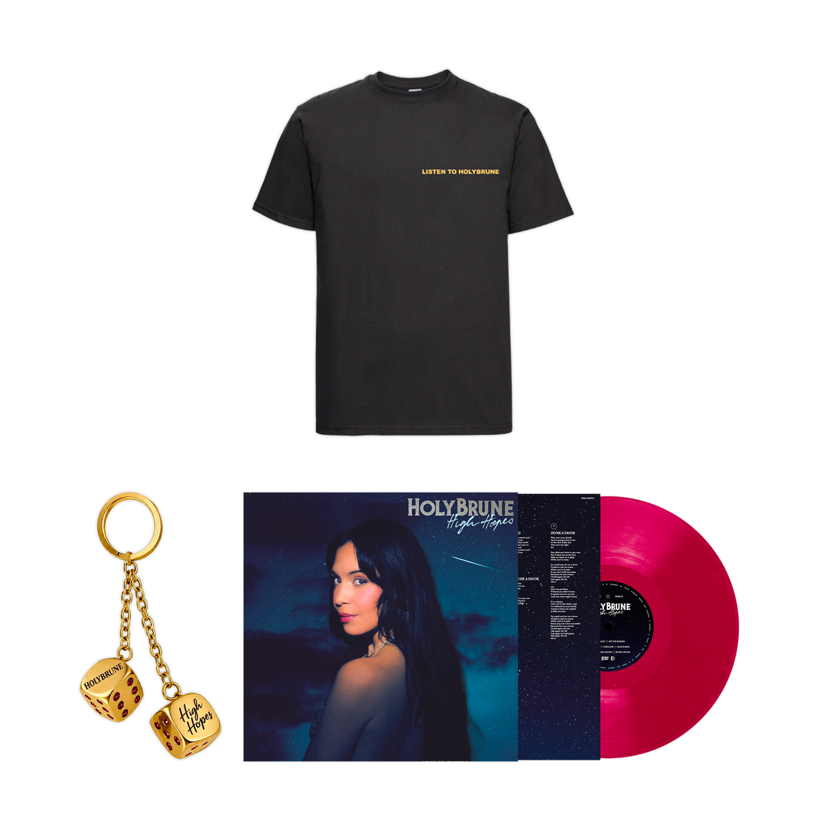 Vinyle dédicacé + Porte-clés or collector limité + T-shirt unisexe au choix